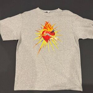 Gray Graphic T-Shirt with Heart and Flames